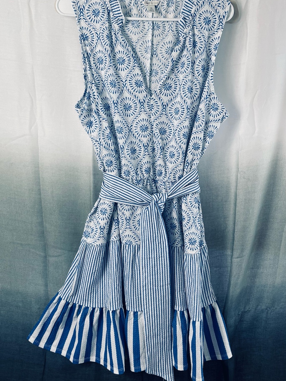 Cato Blue & White Patterned Sleeveless Tie-Waist Dress flowy w/pockets Size XL